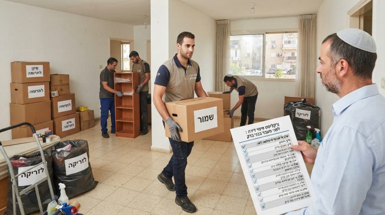 ארגזי קרטון מסודרים למעבר דירה ועליהם לוח כתיבה עם צ'קליסט, על רקע סלון דירה בבני ברק בתהליך מיון ופינוי.