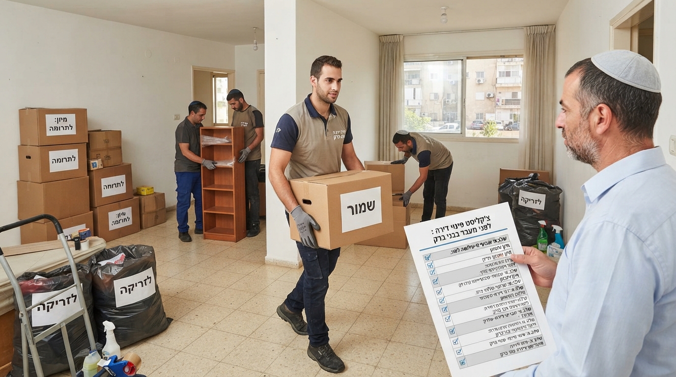 ארגזי קרטון מסודרים למעבר דירה ועליהם לוח כתיבה עם צ'קליסט, על רקע סלון דירה בבני ברק בתהליך מיון ופינוי.