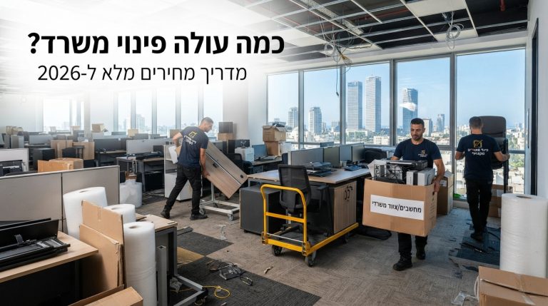 פינוי משרד מודרני בצורה מקצועית ומאורגנת עם ארגזים וציוד משרדי, מתוך מדריך מחירים לשנת 2026.