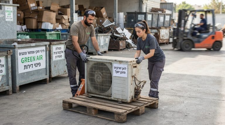 טכנאי או איש מקצוע מפנה מזגן ישן לצורך מיחזור ושמירה על הסביבה, כחלק מתהליך פינוי תכולת דירה.