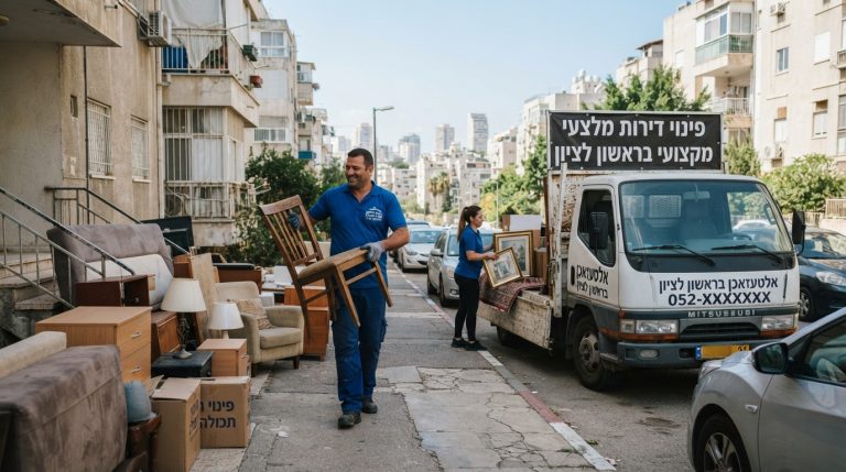 אנשי מקצוע מטעם חברת פינוי דירות מעמיסים רהיטים ותכולה ישנה למשאית ברחוב בראשון לציון, שירות אלטעזאכן ופינוי תכולת דירה.