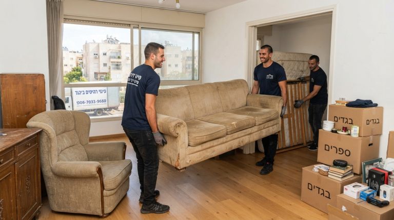 צוות מקצועי של חברת פינוי דירות מפנה רהיטים ישנים מדירה ביהוד, בצורה יעילה ובטוחה תוך שמירה על ניקיון החלל.