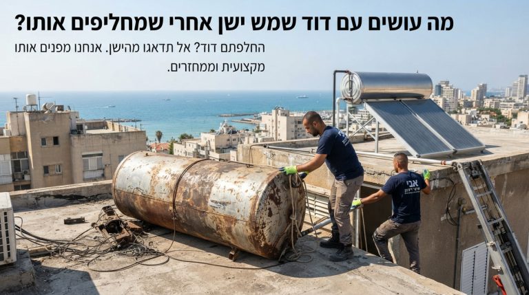 דוד שמש ישן וחלוד עם קולט שמש על גג בניין, המיועד לפינוי, החלפה או מיחזור פסולת מתכת.