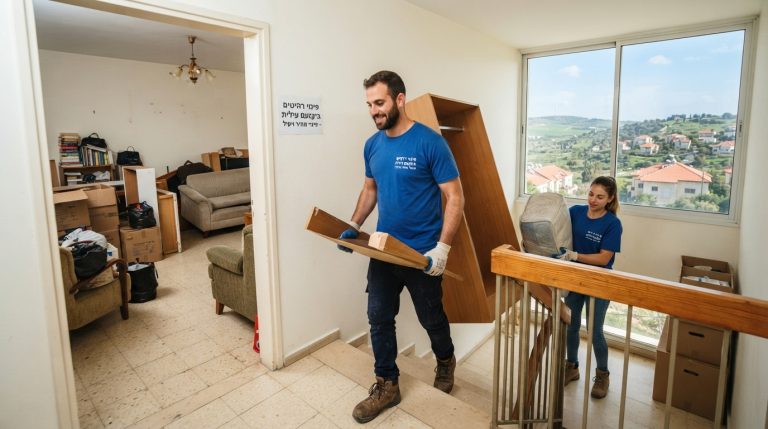 צוות מובילים מקצועי מפנה ספה ורהיטים ישנים מדירה ביקנעם עילית אל משאית פינוי, על רקע נוף הררי ירוק.