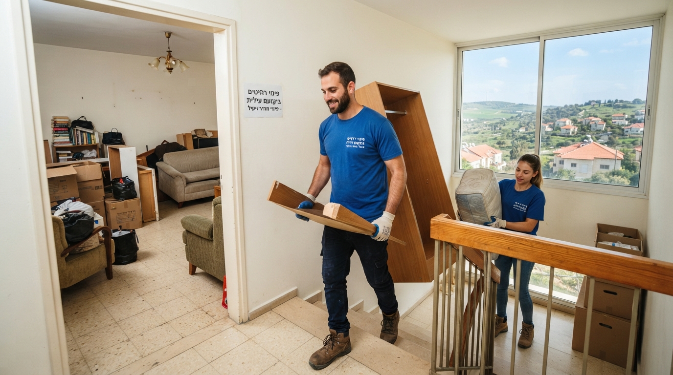 צוות מובילים מקצועי מפנה ספה ורהיטים ישנים מדירה ביקנעם עילית אל משאית פינוי, על רקע נוף הררי ירוק.