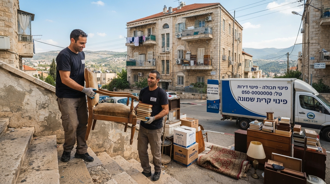 צוות מקצועי של פינוי דירות מעמיס רהיטים ישנים (אלטעזאכן) למשאית פינוי בקריית שמונה, על רקע נוף גלילי.