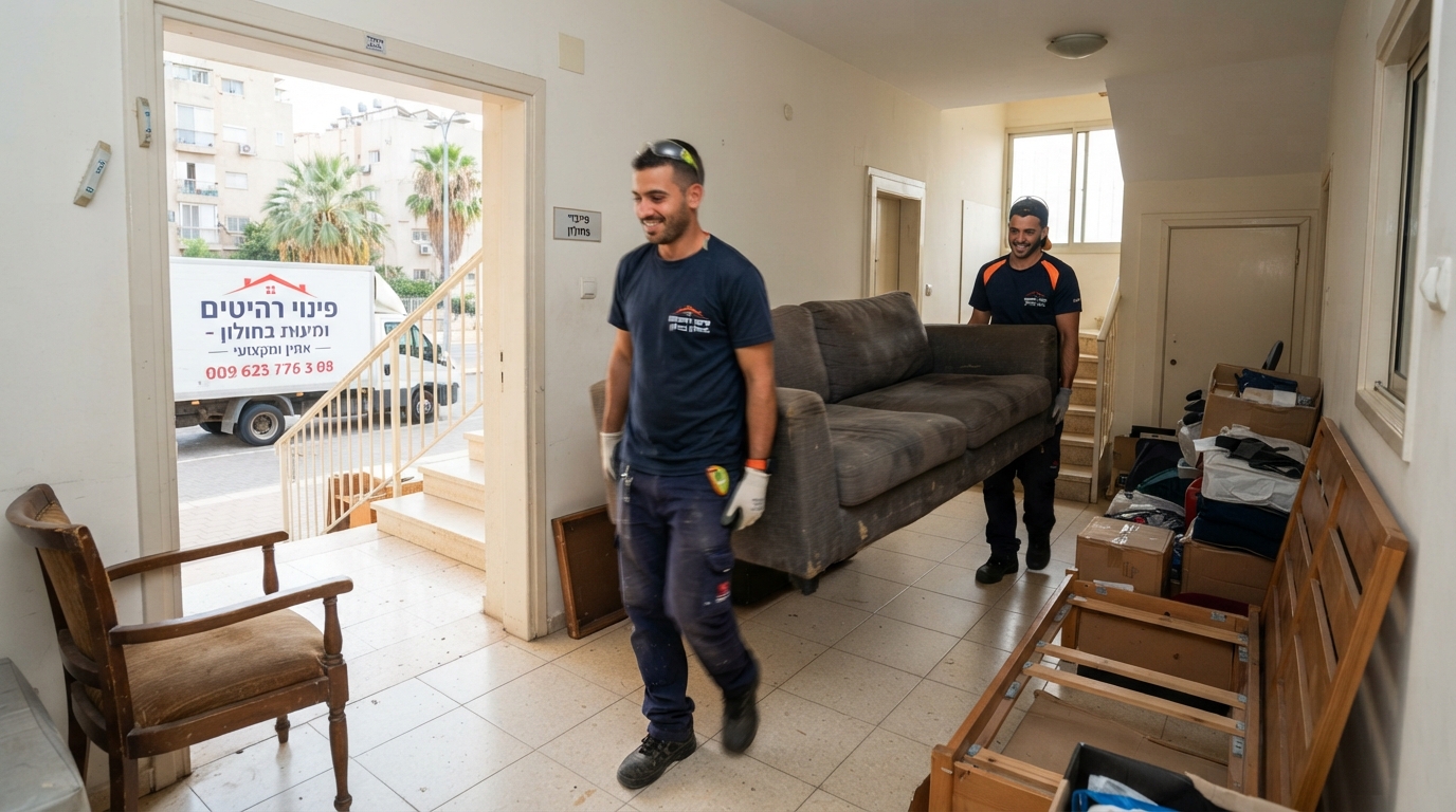 אנשי מקצוע מפנים ספה ישנה מדירה נקייה ומסודרת, כחלק משירות פינוי רהיטים בחולון
