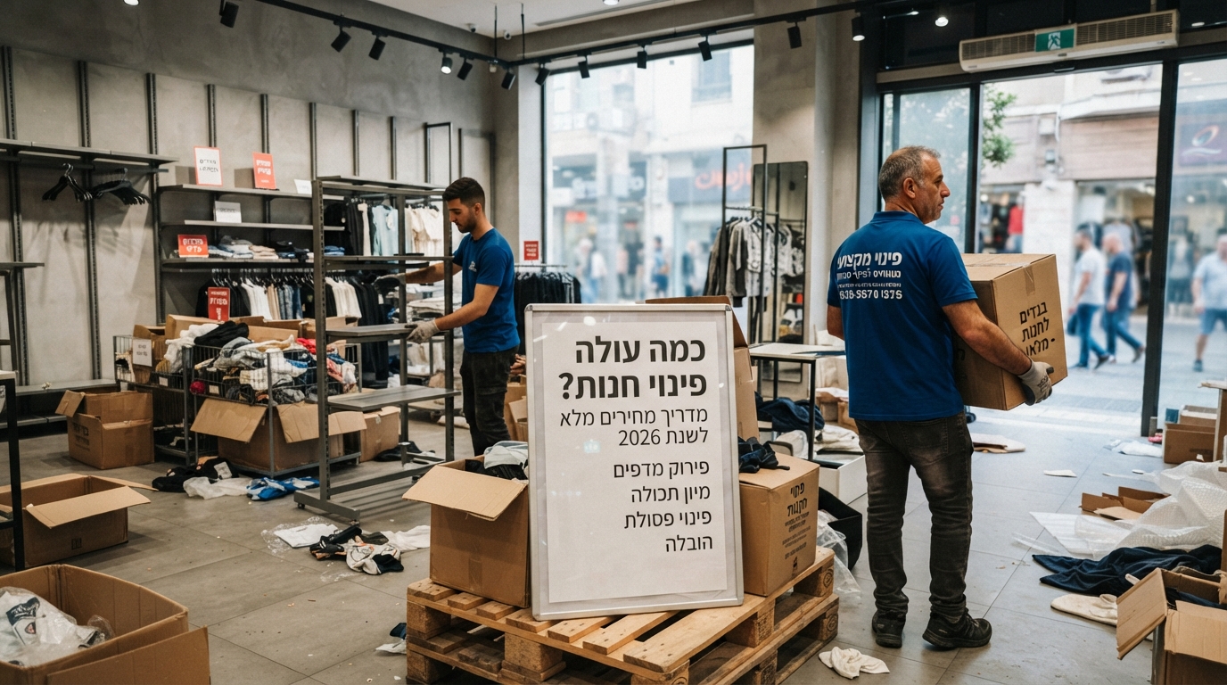 חנות מסחרית ריקה בחלקה עם ארגזים ארוזים ומדפים מפונים, המייצגת תהליך של פינוי חנות ועסקים.