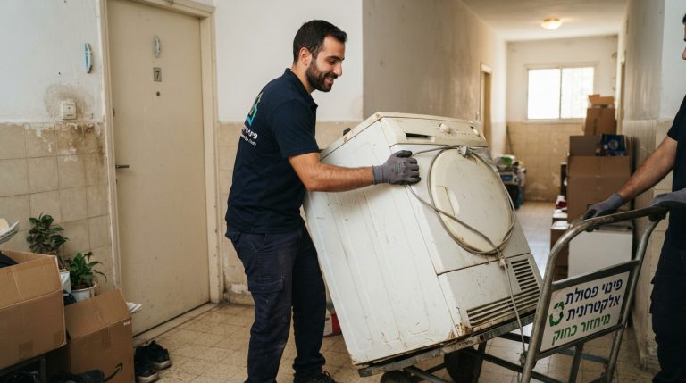 מייבש כביסה ישן ומקולקל מיועד לפינוי ומיחזור של פסולת אלקטרונית בהתאם לחוק.