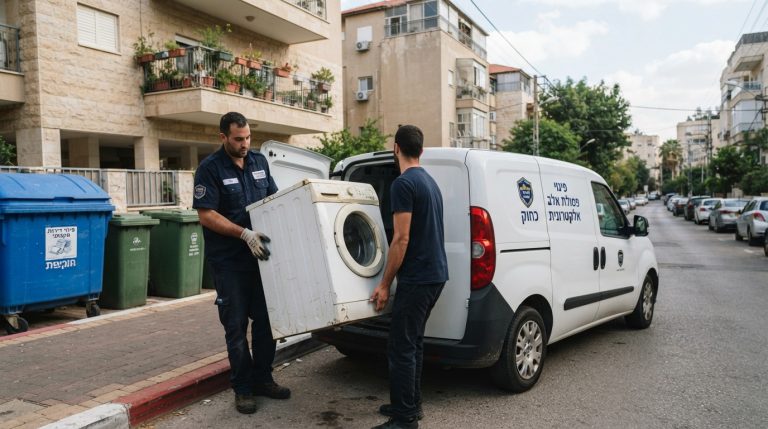 מכונת כביסה ישנה עומדת מוכנה לפינוי ומיחזור חוקי, כחלק משירותי פינוי דירות ומוצרי חשמל