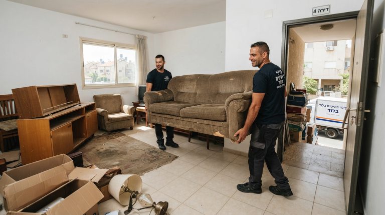 צוות מקצועי של חברת פינוי דירות מוביל ספה ורהיטים כבדים מתוך דירה בלוד בצורה בטוחה ויעילה.