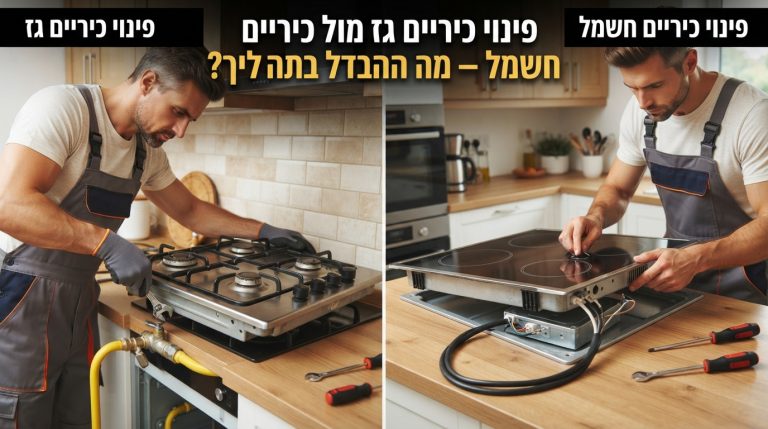 השוואה חזותית בין כיריים גז עם להבות לבין כיריים חשמליות מודרניות, המציגה את ההבדלים בתהליך הפירוק והפינוי הבטוח שלהן.