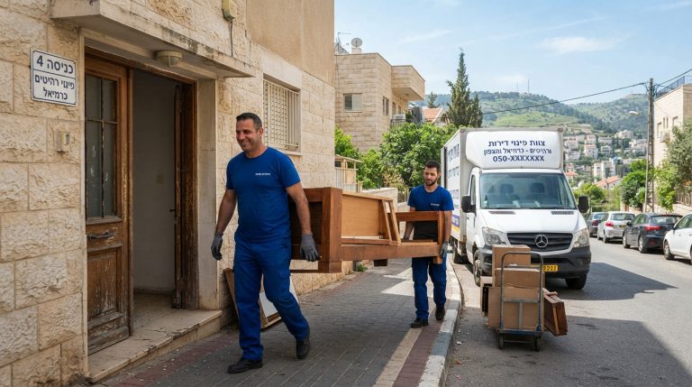 צוות מובילים מקצועי מפנה רהיטים וספה מדירה מוארת, כחלק משירות פינוי רהיטים בכרמיאל.