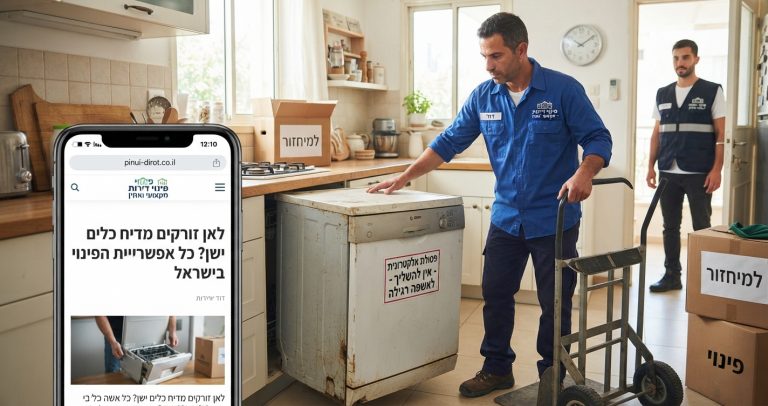 מדיח כלים ישן עומד בצד, מוכן לפינוי ומחזור של פסולת אלקטרונית ומכשירי חשמל בישראל