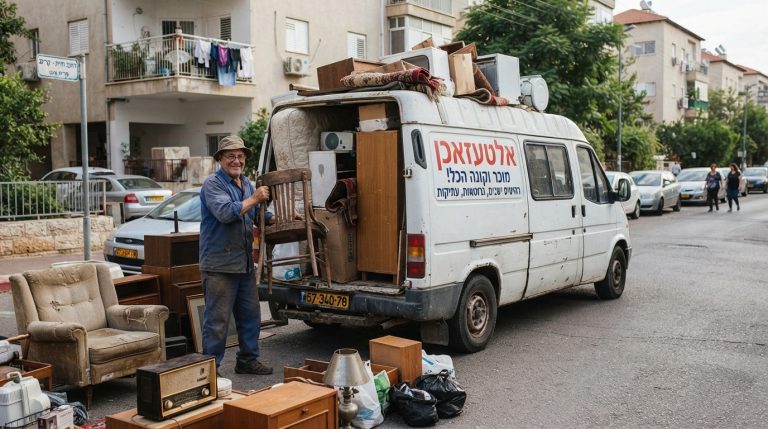 איור של פינוי גרוטאות ורהיטים ישנים מבית, הממחיש את שירות האלטעזאכן ופינוי תכולת דירה.