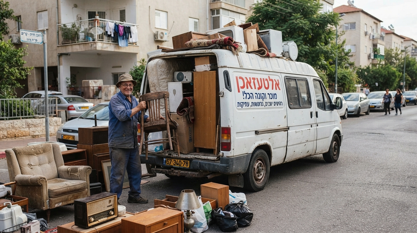 איור של פינוי גרוטאות ורהיטים ישנים מבית, הממחיש את שירות האלטעזאכן ופינוי תכולת דירה.