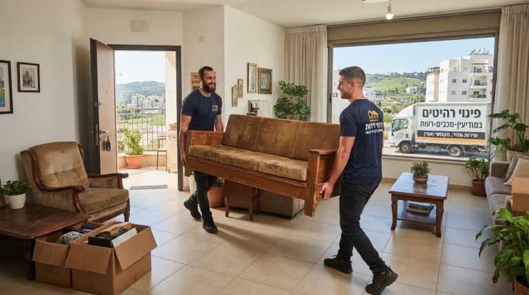 צוות פינוי מקצועי מפנה רהיטים ישנים מדירה במודיעין-מכבים-רעות בצורה מסודרת ויעילה אל משאית פינוי.