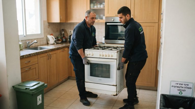 תנור אפייה ישן במטבח מוכן לפינוי, הממחיש את השאלה לאן זורקים תנור ישן ואיך למחזר אותו באחריות.