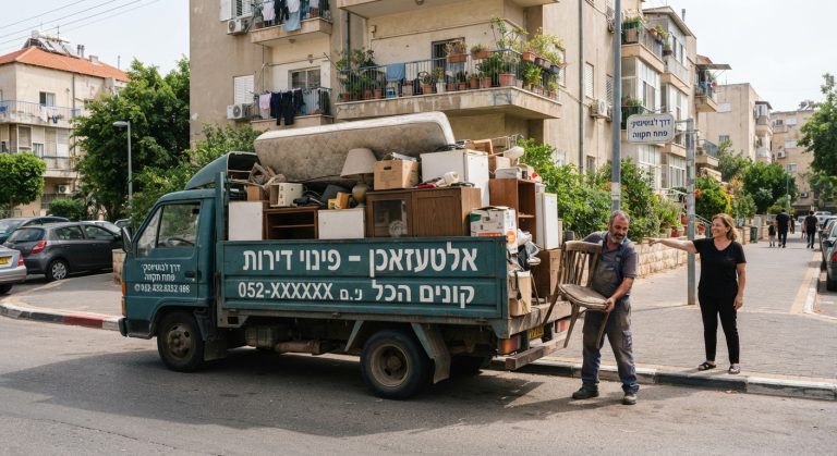 משאית פינוי וציוד ישן כמו רהיטים ומכשירי חשמל ברחוב בפתח תקווה, המייצגת שירות אלטעזאכן ופינוי דירות.