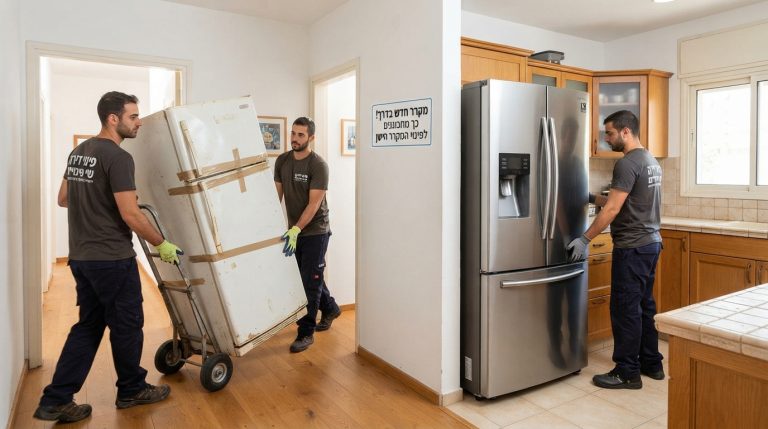 צוות מקצועי של חברת פינוי דירות מפנה מקרר ישן מתוך מטבח דירה, כחלק מהכנה לקראת הגעתו של מקרר חדש.
