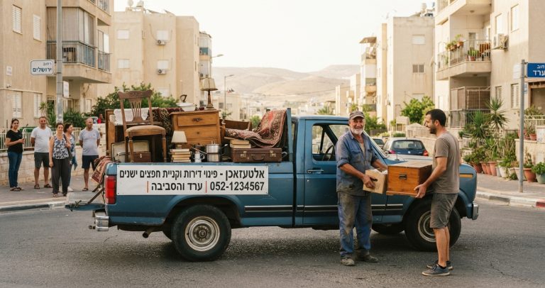 רכב שירות של אלטעזאכן מעמיס רהיטים וחפצים ישנים במסגרת פינוי דירה בערד, על רקע נוף העיר