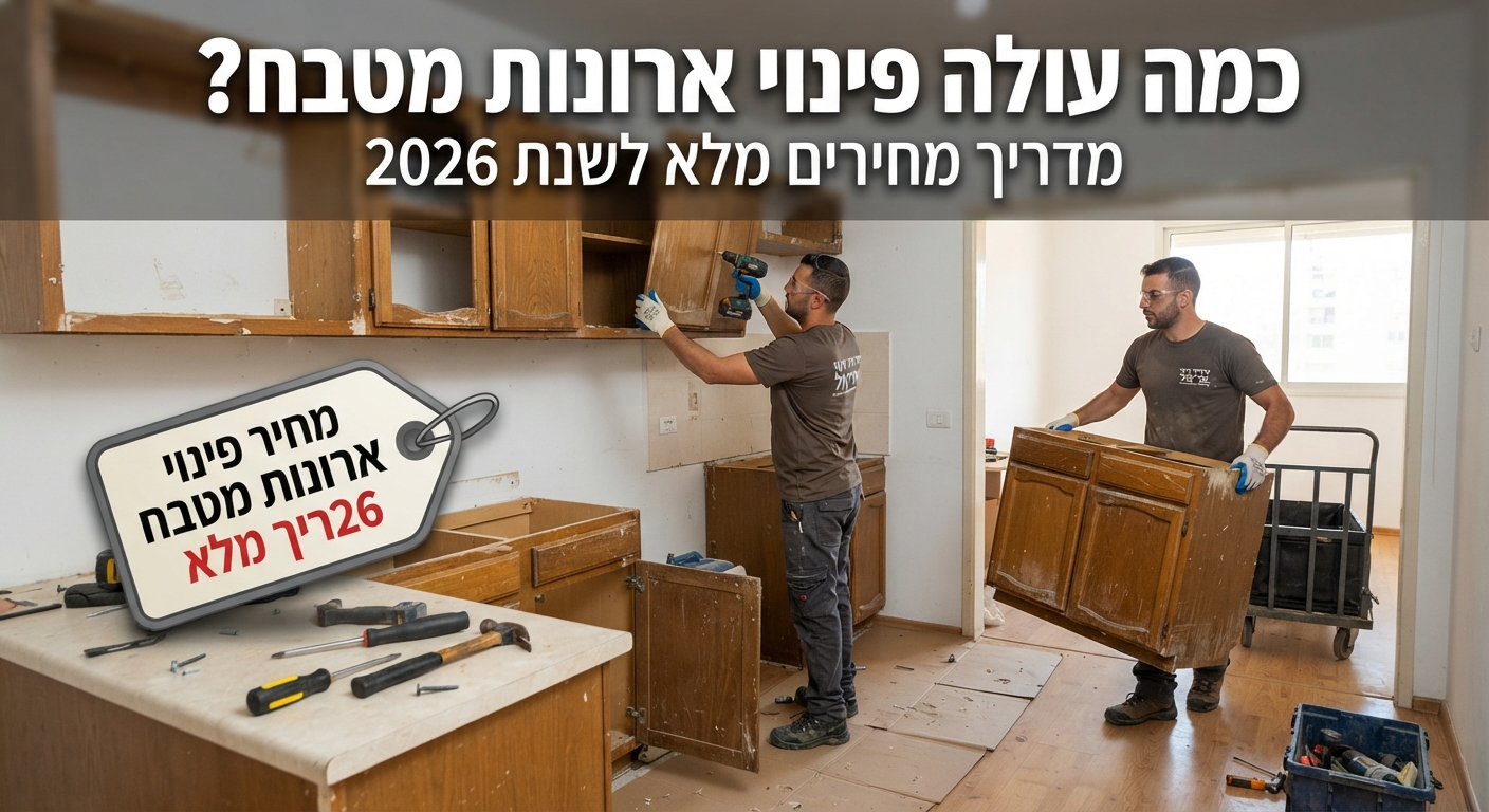 תהליך פירוק ופינוי ארונות מטבח ישנים מדירה על ידי צוות מקצועי, כהכנה לשיפוץ והתקנת מטבח חדש.