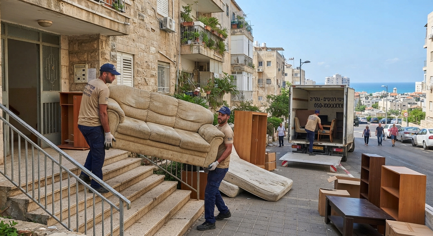צוות מקצועי של חברת פינוי דירות מפנה ספה ורהיטים ישנים מדירה בנהריה, ומכין את הבית לעיצוב מחדש.