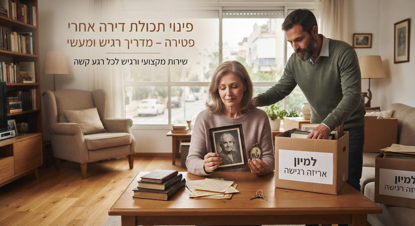 חדר מגורים חם ומואר, עם ארגזים ארוזים בצורה מסודרת ומכבדת, המציג תהליך רגיש של פינוי תכולת דירה לאחר פטירה.
