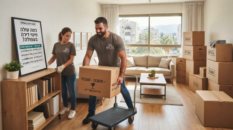 צוות מקצועי של חברת פינוי פשוט מבצע פינוי דירה בעפולה, עם קרטונים וציוד ארוז בדירה נקייה ומסודרת.