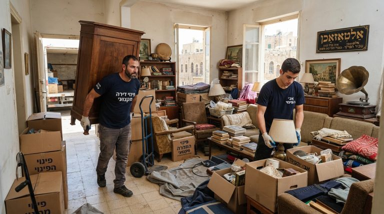 אנשי מקצוע מפנים רהיטים וחפצים ישנים (אלטעזאכן) מדירה בצורה מסודרת, המדגישה את ההבדל בין פינוי חובבני לשירות פינוי דירות מקצועי.