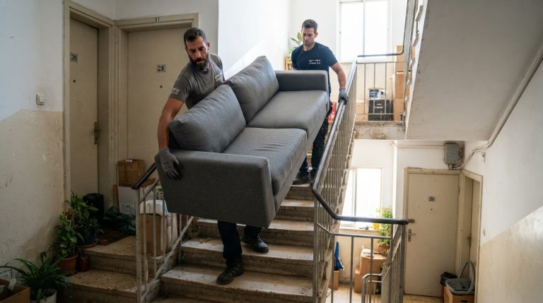שני מובילים מקצועיים מורידים בזהירות ספה כבדה וגדולה במדרגות של בניין מגורים ללא מעלית.