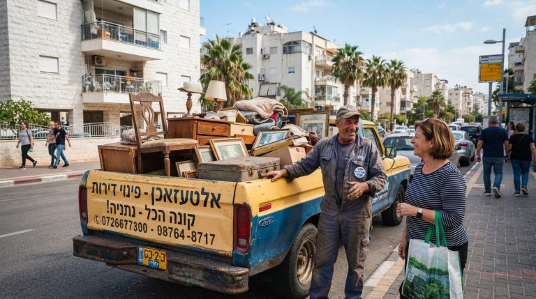 רכב פינוי תכולת דירה עמוס ברהיטים ומוצרי חשמל ישנים ברחוב בנתניה, המייצג שירות אלטעזאכן ופינוי דירות בעיר.