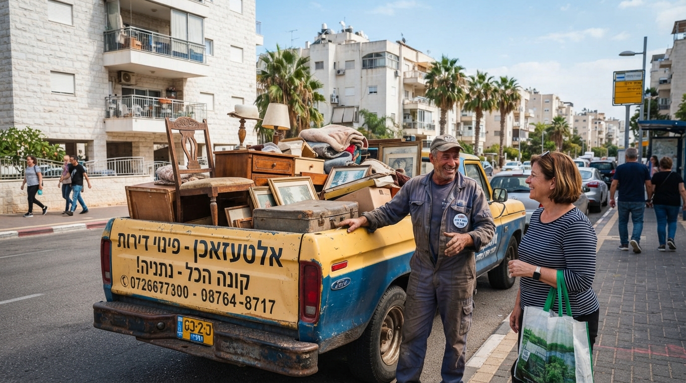 רכב פינוי תכולת דירה עמוס ברהיטים ומוצרי חשמל ישנים ברחוב בנתניה, המייצג שירות אלטעזאכן ופינוי דירות בעיר.