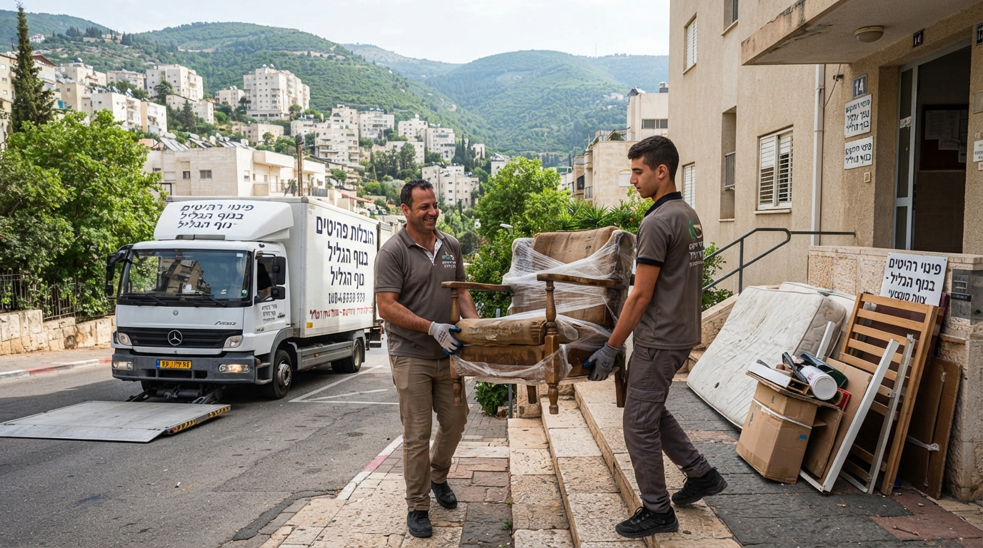 צוות מקצועי מפנה ספה ורהיטים ישנים מדירה מוארת בנוף הגליל, כחלק משירות פינוי תכולת דירה.