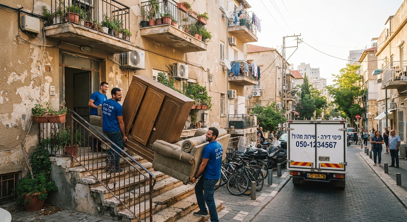 צוות מקצועי מפנה ספה וארון ישנים מדירה בבניין מגורים טיפוסי בתל אביב, כחלק מתהליך פינוי רהיטים ללא כאב ראש.