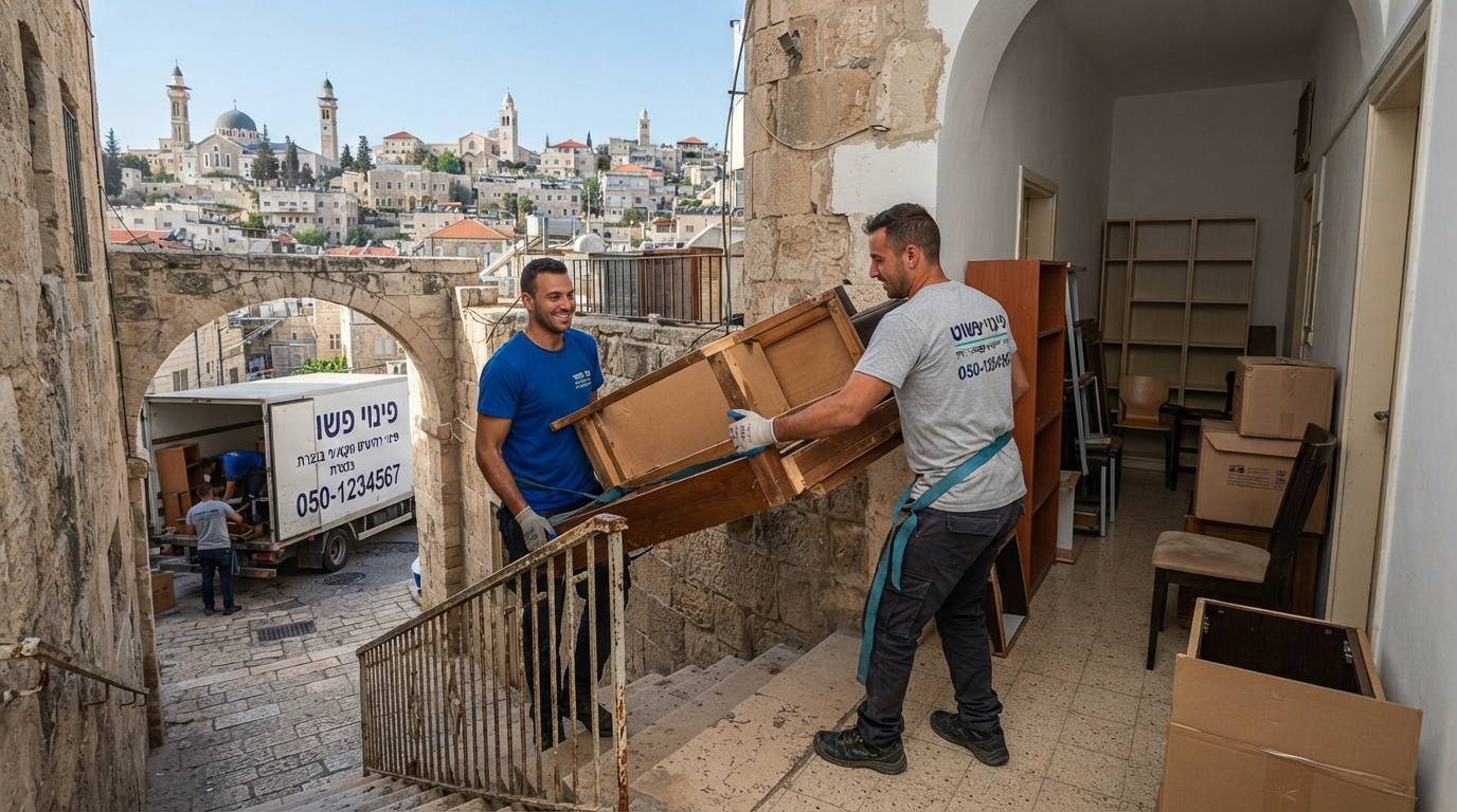 אנשי מקצוע מחברת "פינוי פשוט" מפנים רהיטים כבדים וגדולים מדירה בנצרת אל משאית פינוי והובלה.