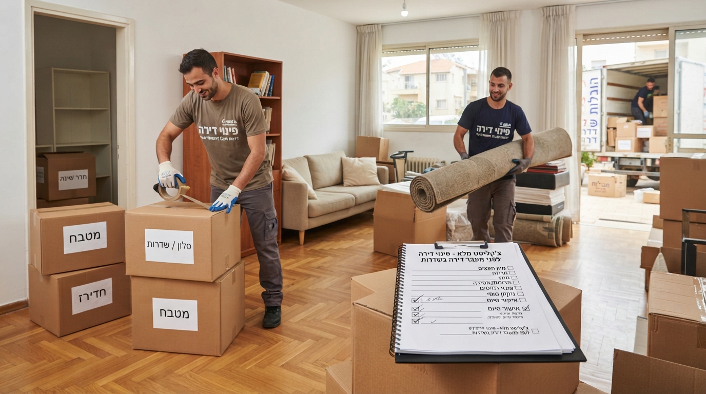 דירה נקייה ומאורגנת בשדרות במהלך מעבר דירה, עם ארגזי קרטון מסודרים ולוח כתיבה המציג צ'קליסט משימות לפינוי וסידור הבית.