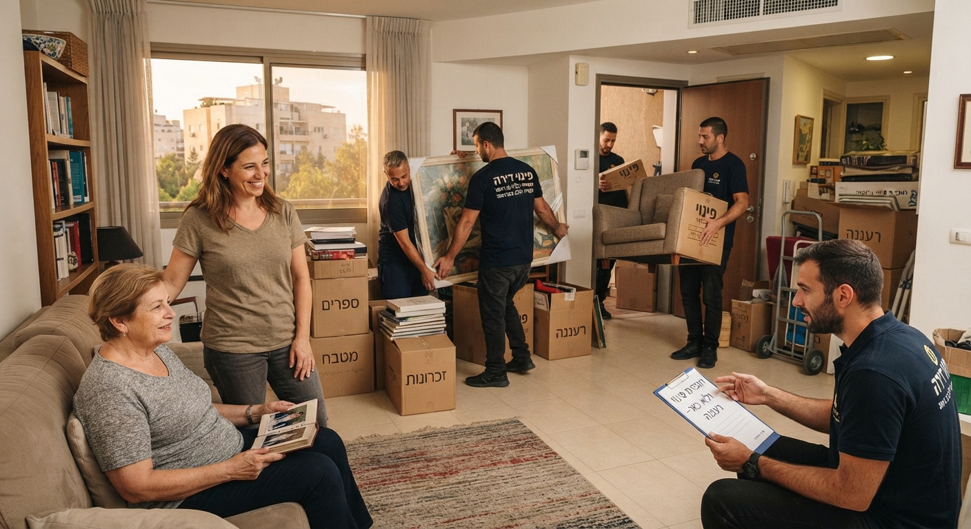 דירה מוארת ומסודרת ברעננה במהלך תהליך אריזה ומיון של חפצי הורים מבוגרים, עם ארגזי קרטון וספרים המייצגים פינוי דירה רגיש ומכבד.