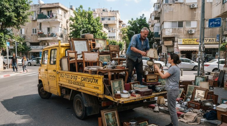 איור המציג משאית אלטעזאכן ברחוב ישראלי, עמוסה ברהיטים ישנים, מכשירי חשמל וחפצים לפינוי דירה.