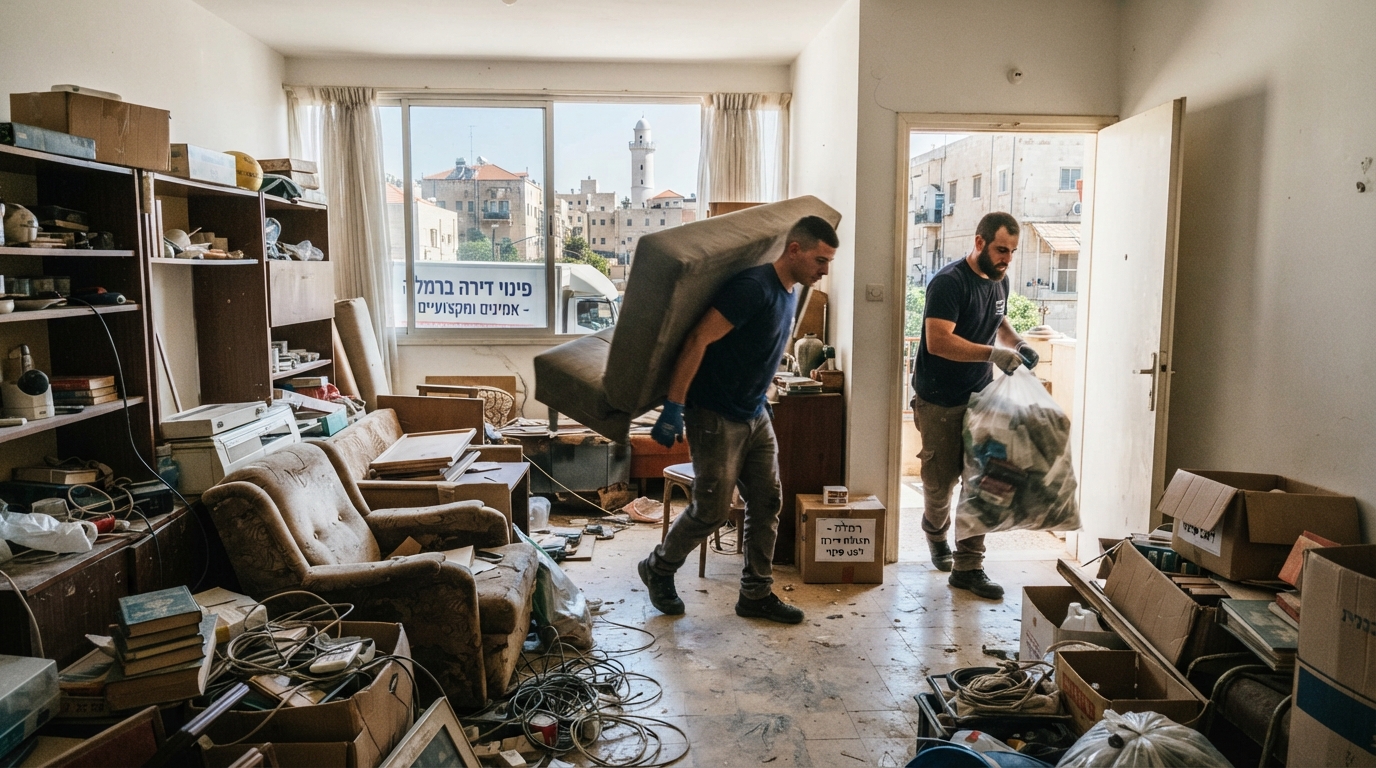 אנשי מקצוע מפנים דירה עמוסה בגרוטאות, ארגזים ורהיטים ישנים ברמלה, ומחזירים את הסדר והניקיון לבית.