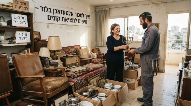 חפצי אלטעזאכן, רהיטים ישנים וארגזים המיועדים למכירה במהלך פינוי דירה בלוד.
