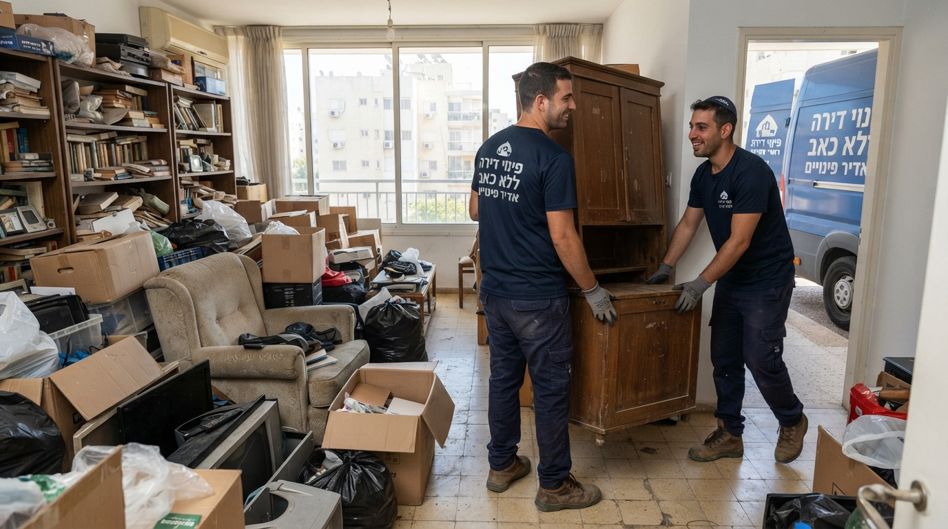 צוות מקצועי של חברת פינוי דירות מפנה בעילות ריהוט ישן, ארגזים וגרוטאות מתוך דירה עמוסה ברחובות.