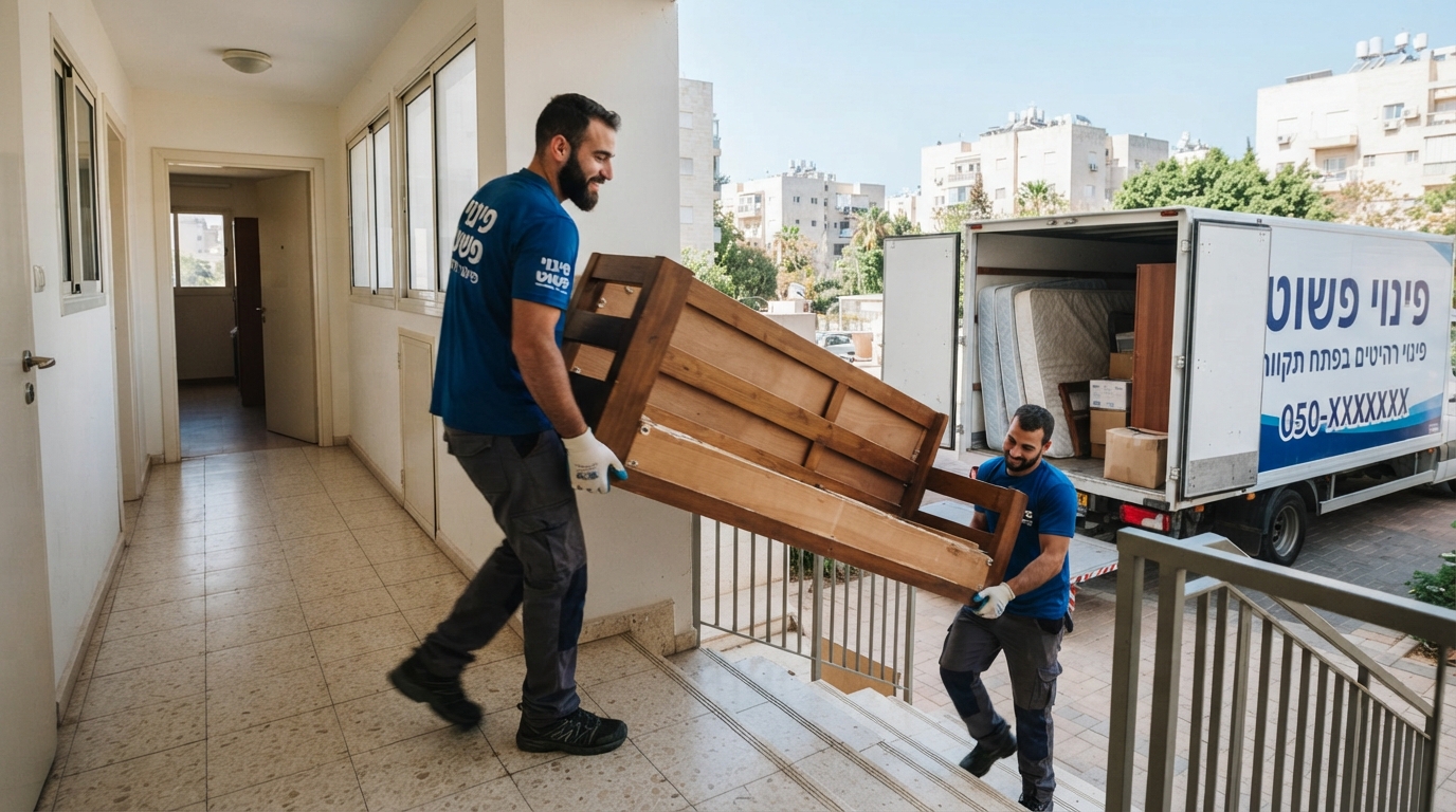 צוות מקצועי של חברת פינוי פשוט מעמיס ספה ישנה וארון למשאית במהלך שירות פינוי רהיטים בפתח תקווה.