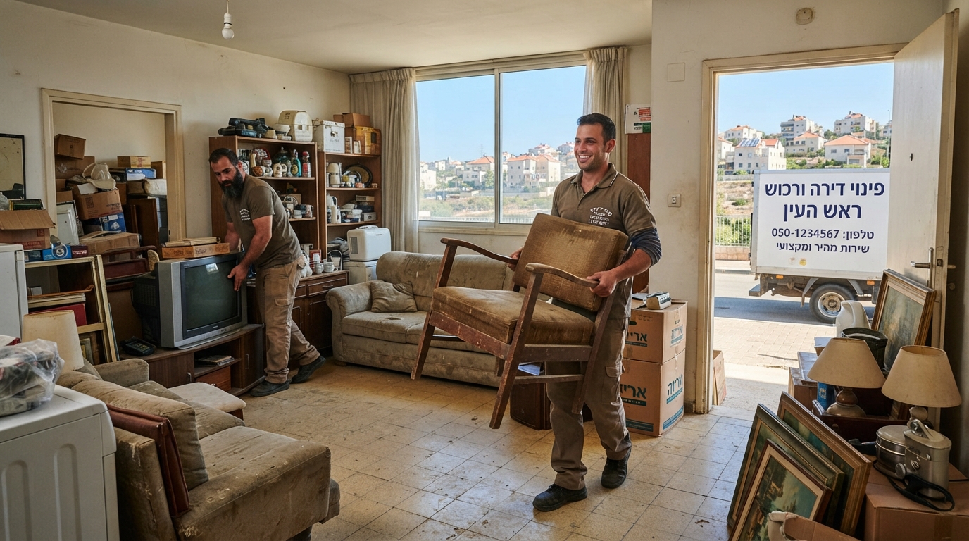 אנשי מקצוע מפנים ריהוט ישן ומכשירי חשמל מדירה בראש העין, כחלק משירות אלטעזאכן ופינוי תכולת דירות מקצועי.