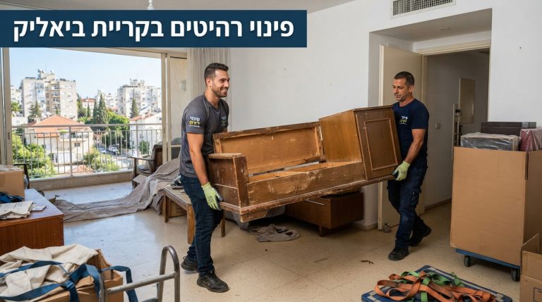 צוות מקצועי של חברת פינוי דירות מפנה רהיטים ישנים וכבדים מדירה בקריית ביאליק באופן יעיל ומאורגן.