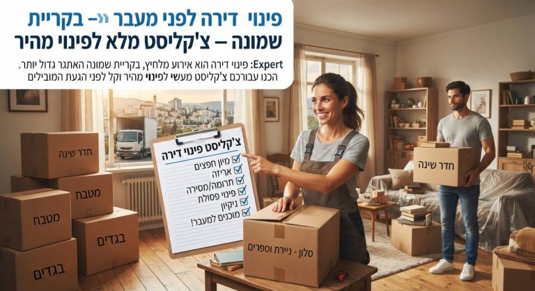 דירה נקייה ומאורגנת בקריית שמונה במהלך פינוי חפצים ואריזה לקראת מעבר דירה מהיר, עם קרטונים וצ'קליסט עבודה.