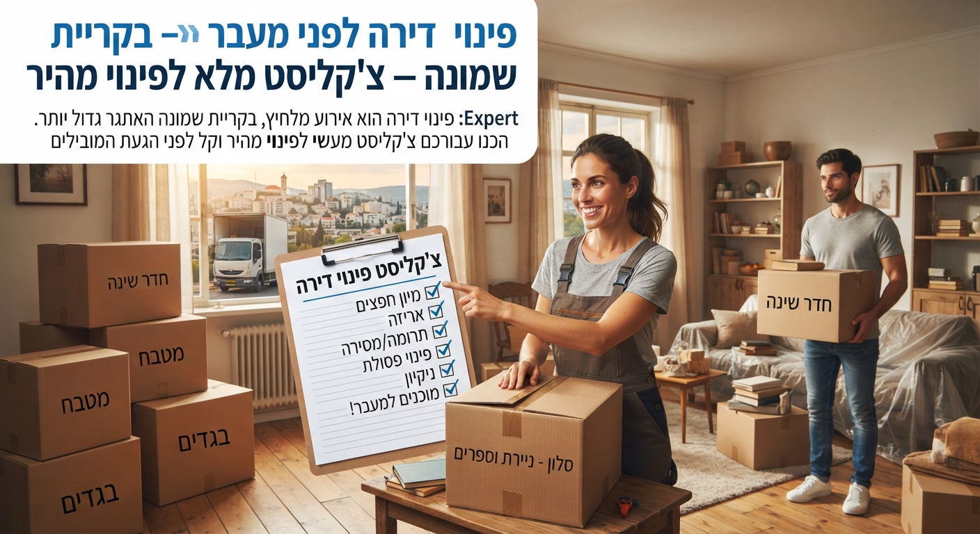 דירה נקייה ומאורגנת בקריית שמונה במהלך פינוי חפצים ואריזה לקראת מעבר דירה מהיר, עם קרטונים וצ'קליסט עבודה.