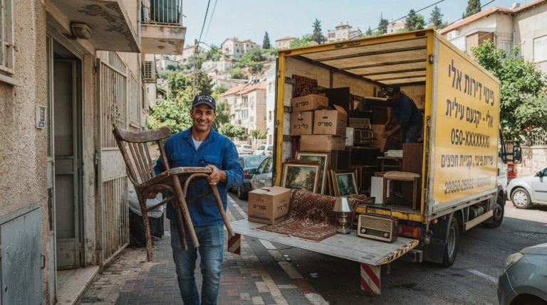 אוסף של חפצי וינטג', רהיטים עתיקים וכלי בית ישנים (אלטעזאכן) המיועדים למכירה או פינוי דירה ביקנעם עילית.