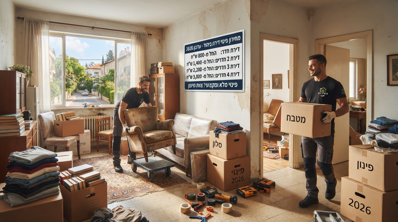 צוות מקצועי של חברת פינוי דירות מפנה תכולת דירה ביהוד בצורה מסודרת, עם ארגזים וציוד ארוז, להמחשת עלויות ומחירי פינוי דירה.
