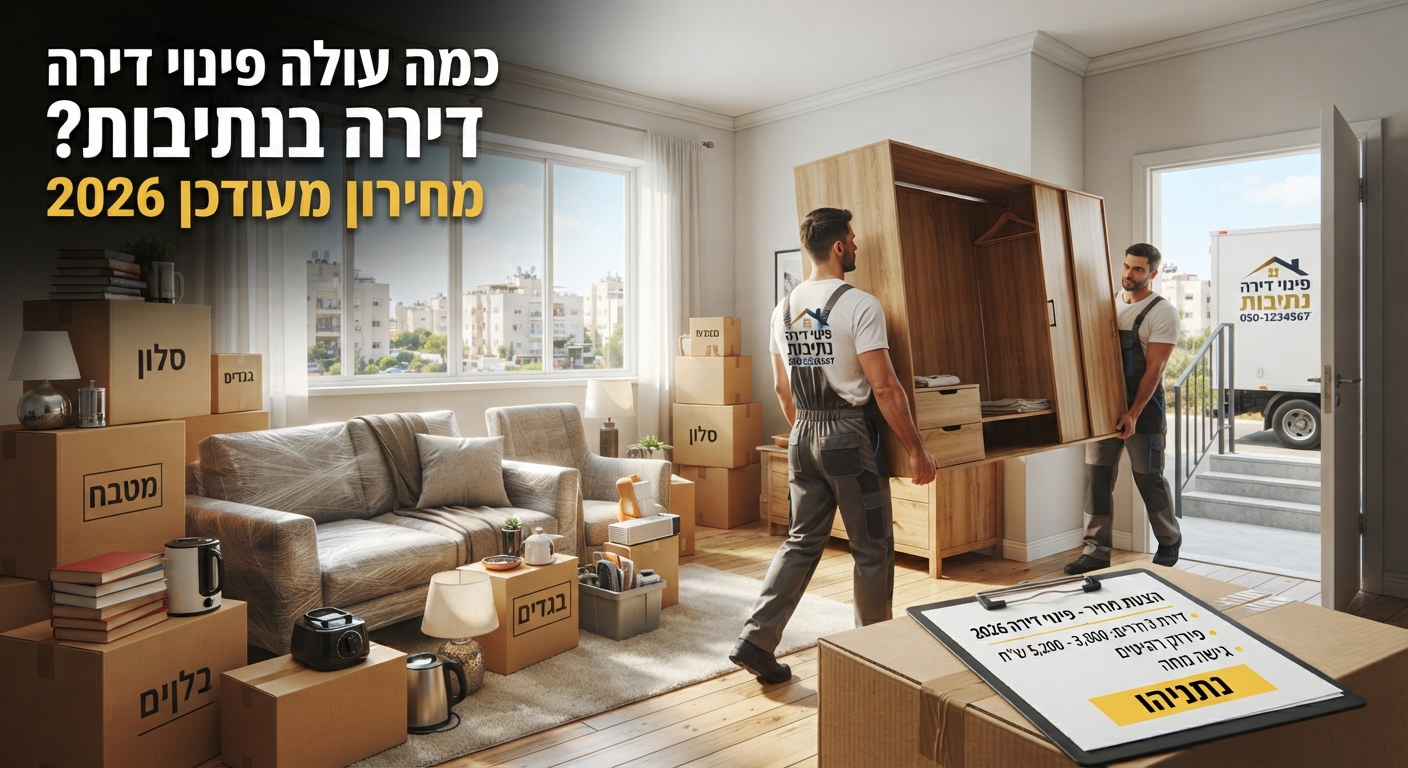 צוות מקצועי של חברת פינוי דירות בנתיבות מעמיס תכולת דירה מאורגנת, לצד משאית פינוי ולוח כתיבה המציג את מחירון השירות המעודכן לשנת 2026.